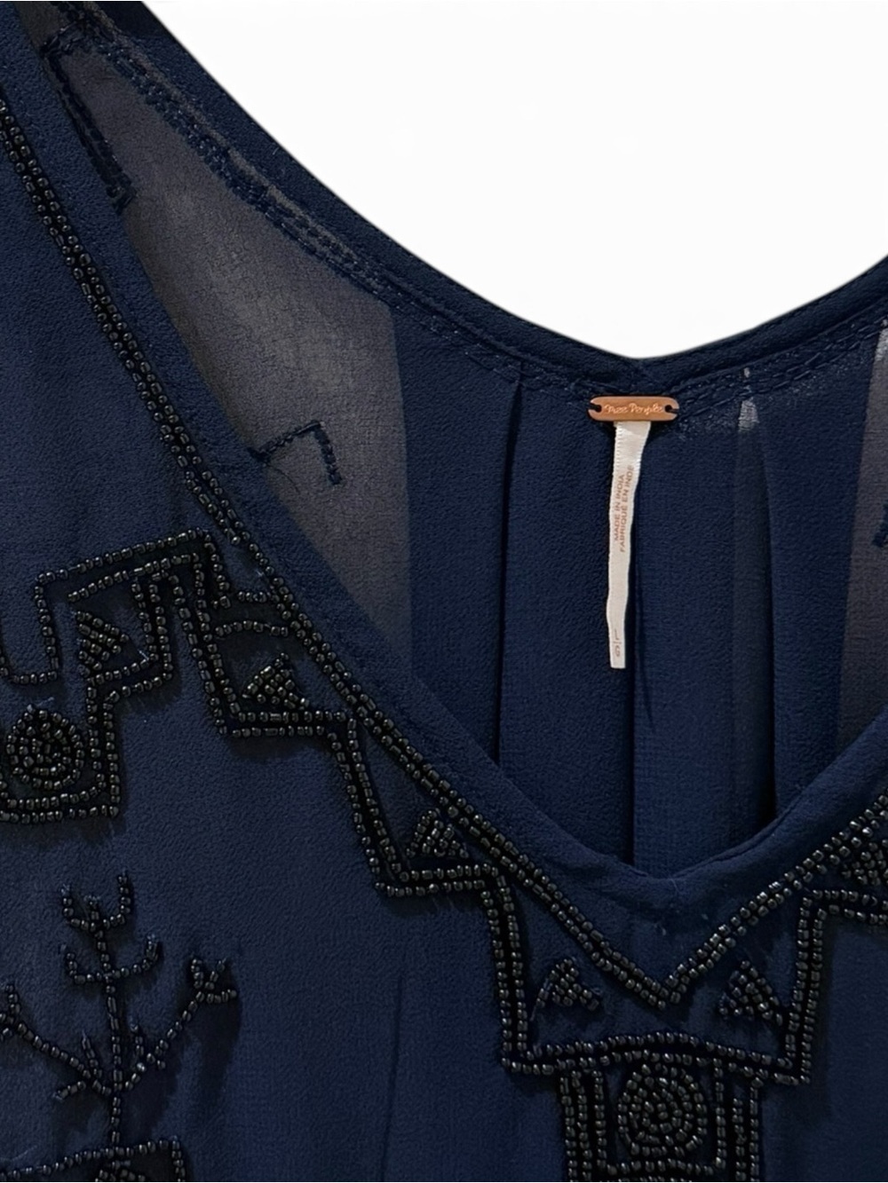 Free People Run With It Embellished Sheer Beaded Tank Navy Chiffon Boho Top L - Picture 6 of 8